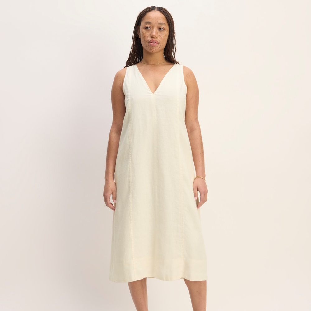 The Linen V-Neck Midi Dress “Bone” off-white sz 10